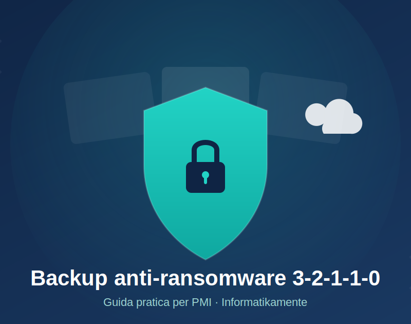 Illustrazione di uno scudo con lucchetto che rappresenta la regola di backup 3-2-1-1-0 per la protezione dei dati aziendali dal ransomware